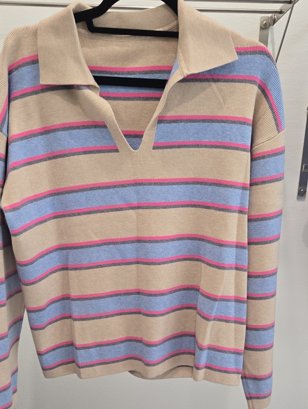 Striped Collared Knit Top in Beige, Blue & Pink